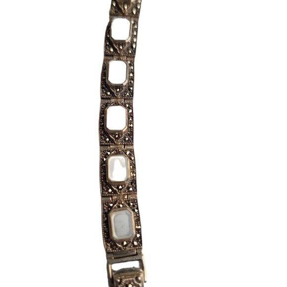 Vtg Sterling Silver Mother Of Pearl & Marcasite Panel Bracelet 6 1/2' 30.87g - Picture 3 of 5